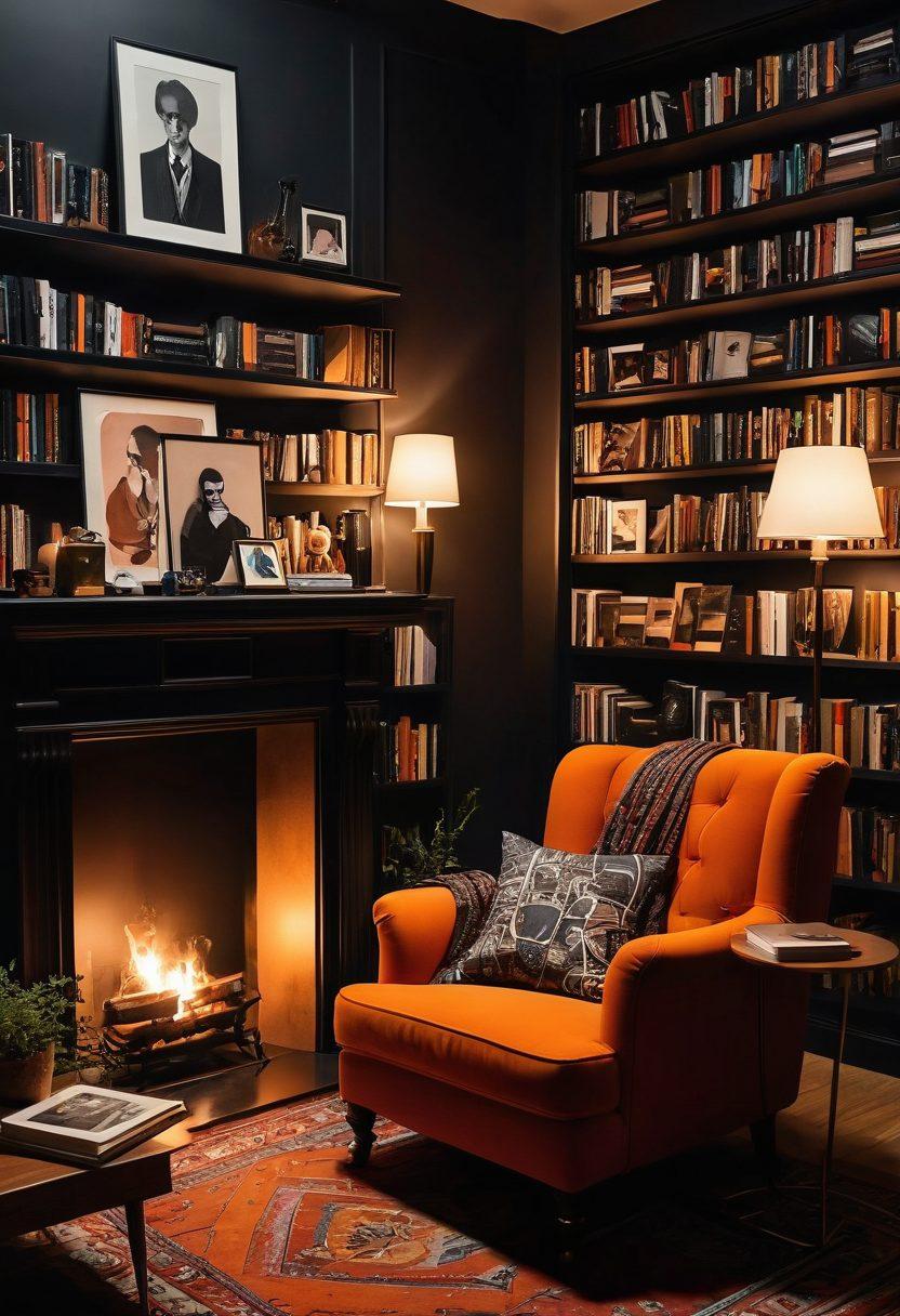 An evocative scene depicting a cozy library filled with graphic novels, softly lit by warm candlelight. Shelves brimming with colorful, tantalizing book covers featuring abstract art and subtle eroticism. A plush armchair draped with a sheer scarf invites readers to explore fantasies, while an open book reveals striking illustrations. A hint of mystery shrouds the atmosphere, enticing the viewer to dive deeper into the world of NSFW content. surrealistic. rich textures. warm colors.