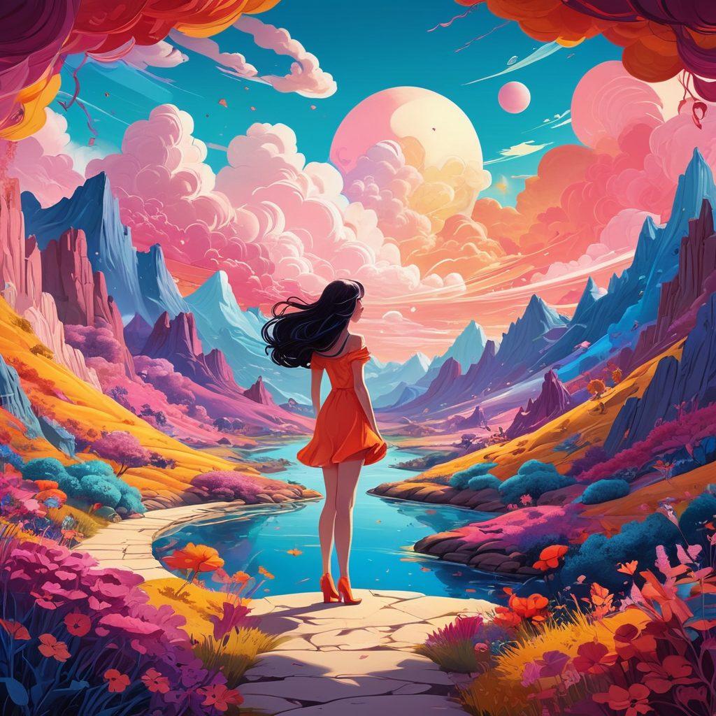 A whimsical scene depicting an animated character in a dreamy landscape filled with vibrant colors and suggestive forms. Incorporate elements of adult animation, with comic-style panels framing the character's playful expressions. Include abstract, flowing shapes that hint at erotic themes while maintaining an artistic edge. The background should be a blend of fantasy and surrealism, enticing the viewer's curiosity. vector art. vibrant colors. whimsical style.